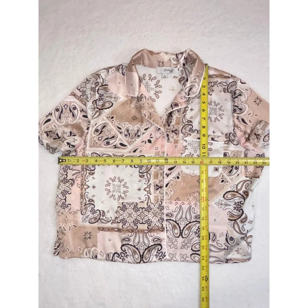 Como Sleep Mens Satin Pajama Set Medium Tan Pink Paisley‎ Bandana Print 2pc PJ